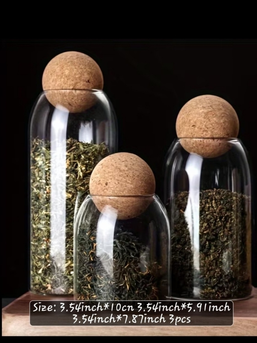 Glass Pantry Storage Jars with Cork Ball Lids - Set of 3